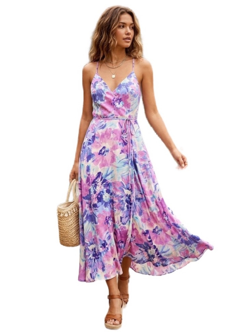 Peach Love California Multi-Purple Hues Floral Maxi Wrap Dress